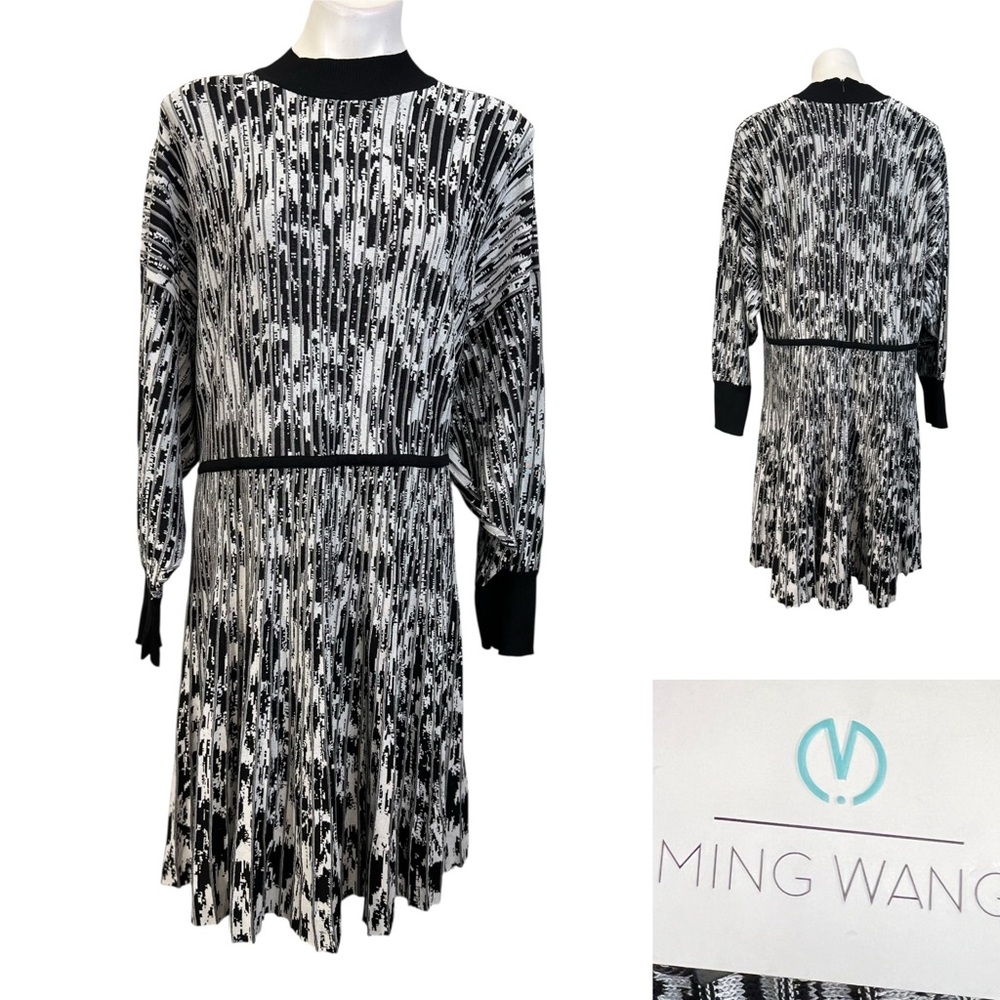 Ming Wang Black & White Long Sleeve Pleated Dress
